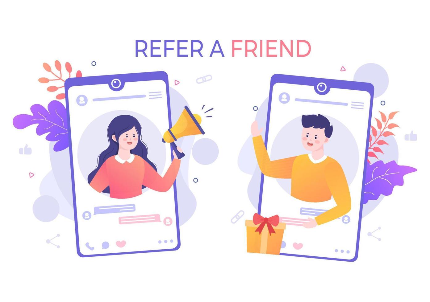 Recomiende a un amigo ilustración de diseño plano con megáfono en la pantalla del teléfono móvil y marketing en redes sociales para amigos a través de pancarta, fondo o póster vector