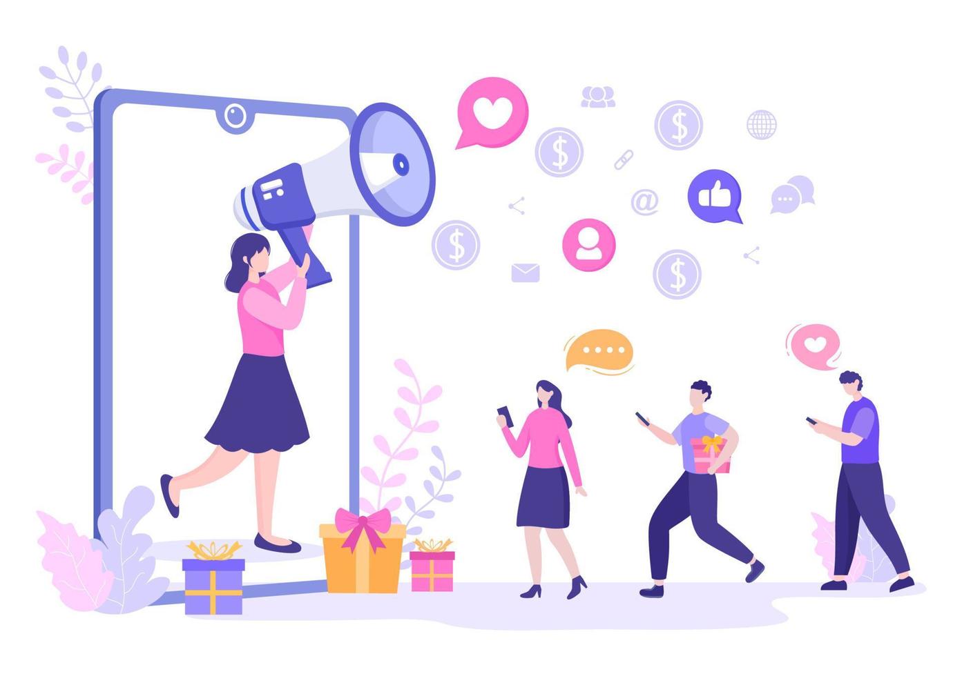 Refer a Friend Flat Design Illustration with Megaphone on Screen Mobile Phone and Social Media Marketing for Friends via Banner, Background or Poster vector