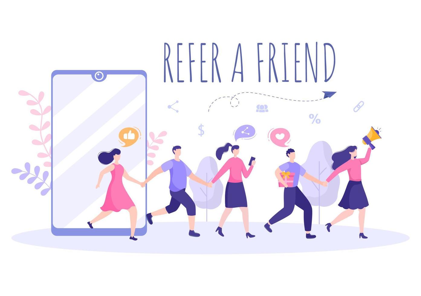 Refer a Friend Flat Design Illustration with Megaphone on Screen Mobile Phone and Social Media Marketing for Friends via Banner, Background or Poster vector