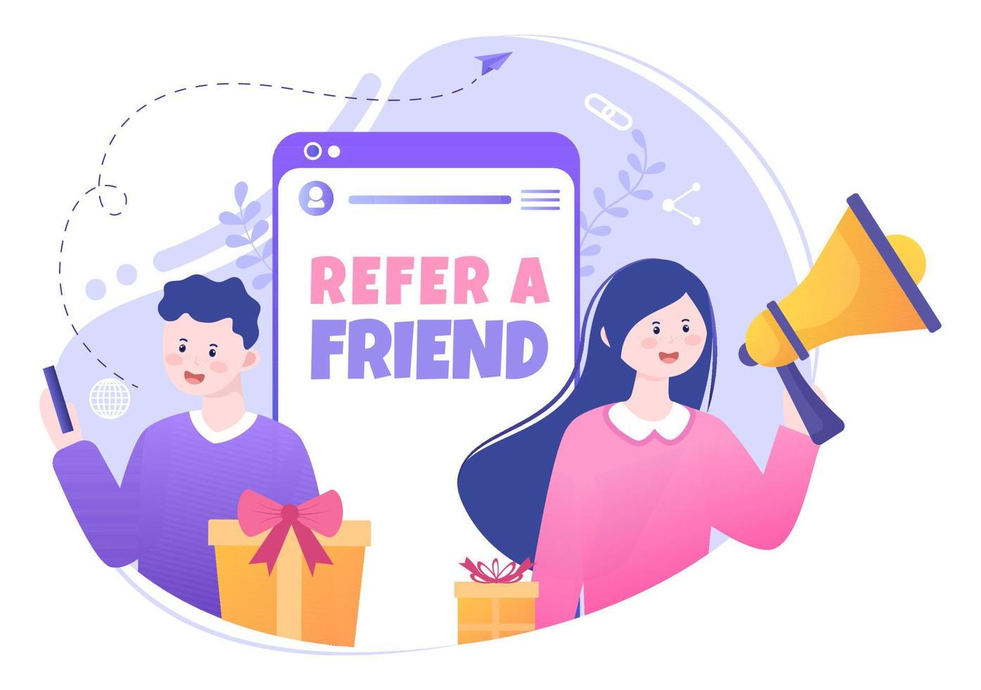 Refer a Friend Flat Design Illustration with Megaphone on Screen Mobile Phone and Social Media Marketing for Friends via Banner, Background or Poster vector