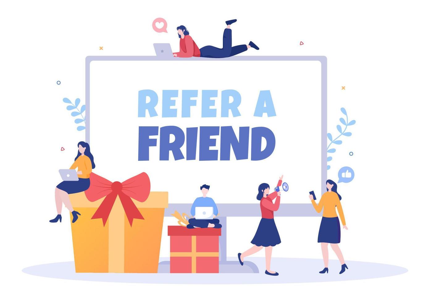 Refer a Friend Flat Design Illustration with Megaphone on Screen Mobile Phone and Social Media Marketing for Friends via Banner, Background or Poster vector