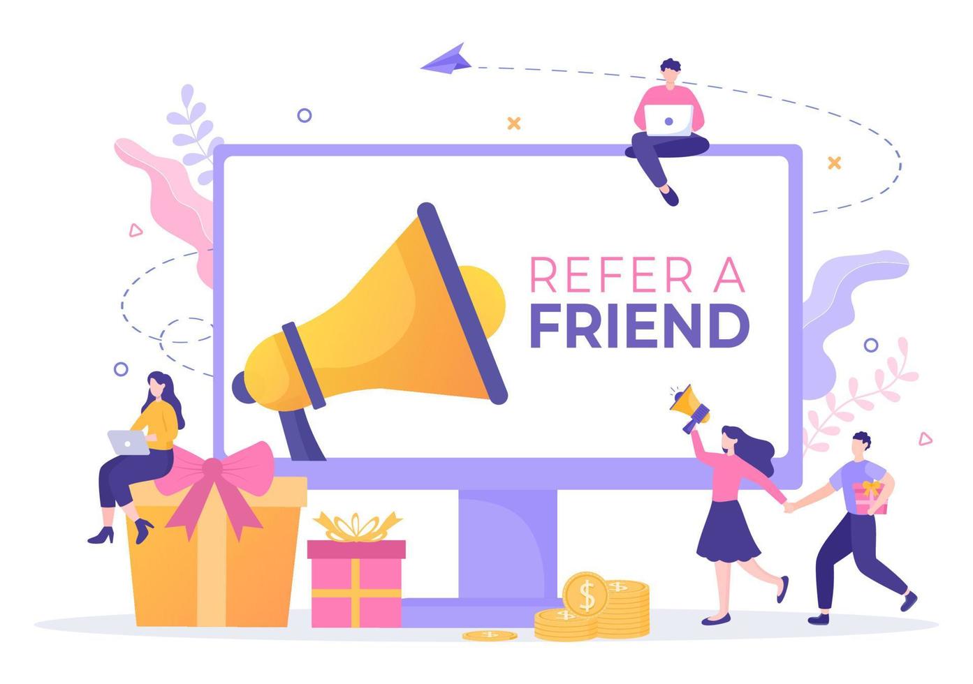 Refer a Friend Flat Design Illustration with Megaphone on Screen Mobile Phone and Social Media Marketing for Friends via Banner, Background or Poster vector