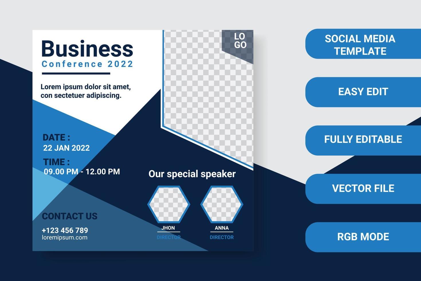 Diseño de plantilla de banner de publicación de redes sociales de conferencia de negocios moderna vector