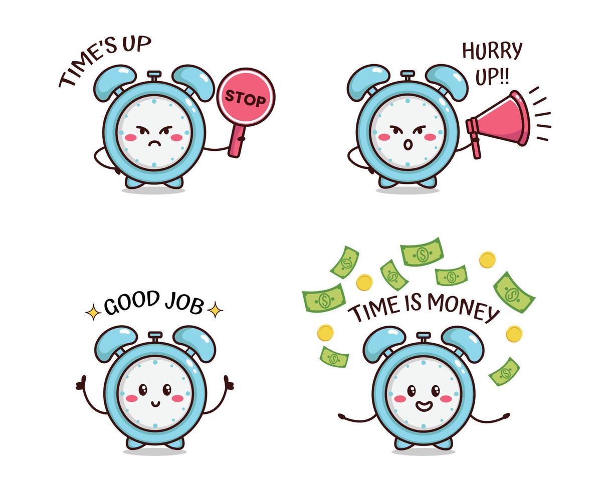 Set of cute alarm character illustration Times up Hurry up Good job Time is money vector