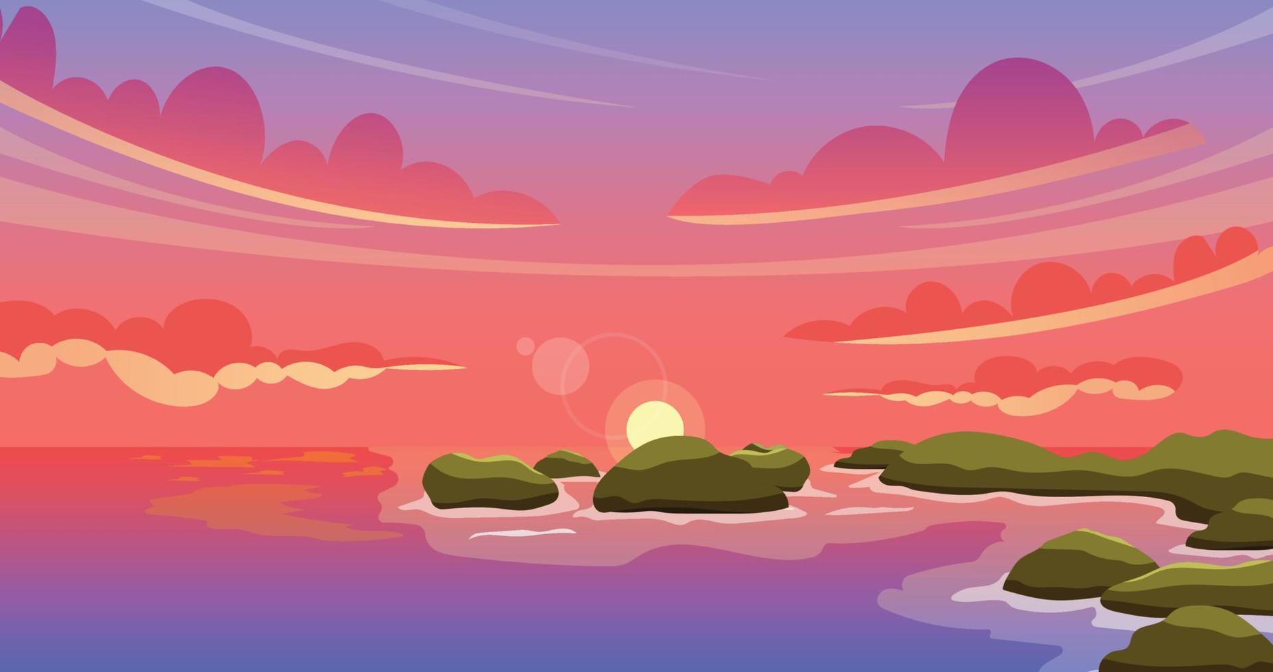 hermosa puesta de sol en una hermosa playa paisaje ilustración vector