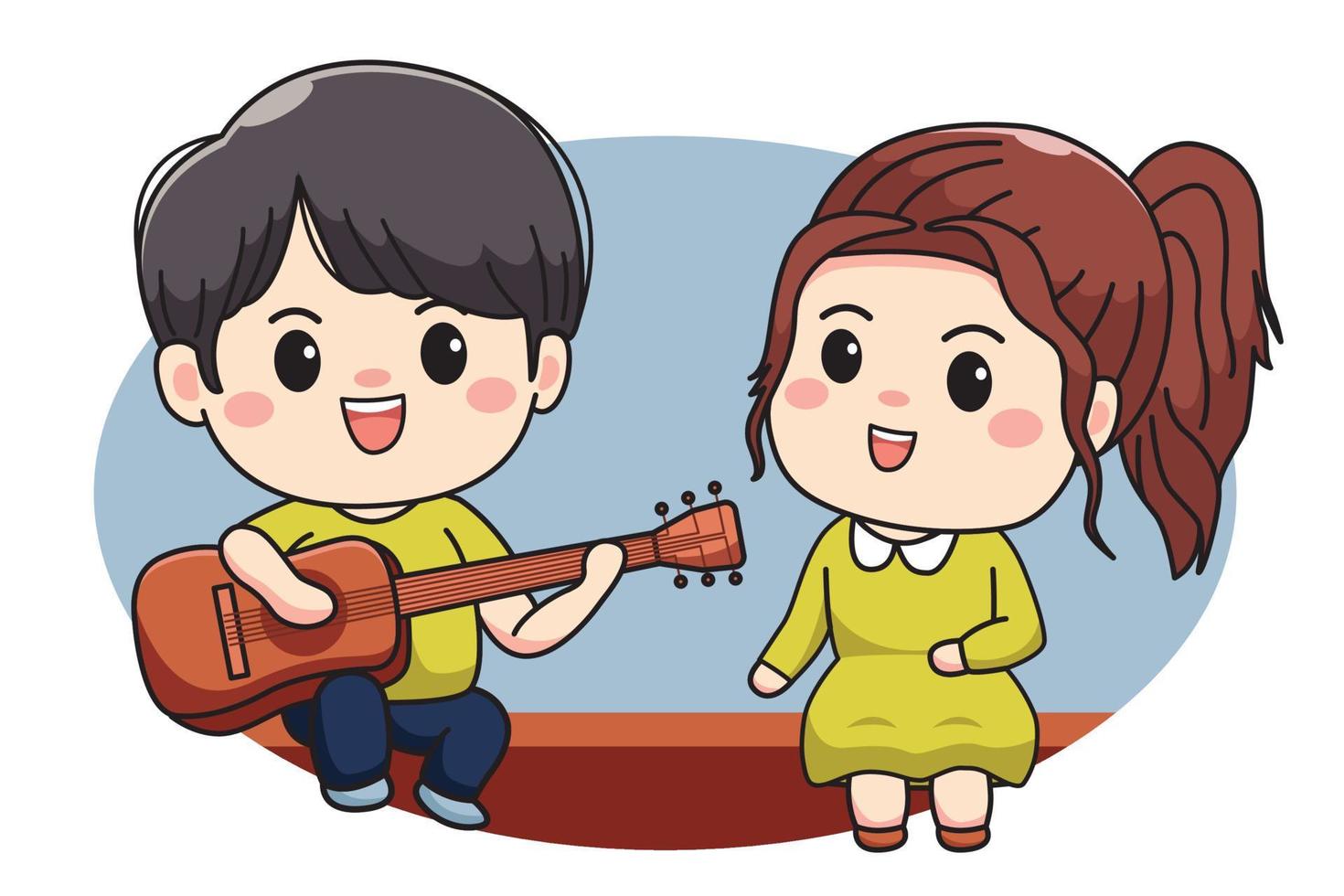 Character design happy cute couple singing together with guitar vector