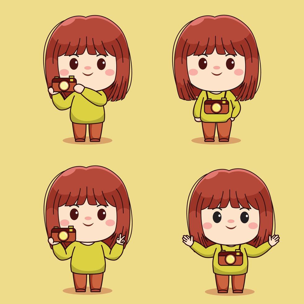 Set of kawaii girl with camera cartoon illustration. Chibi character design vector