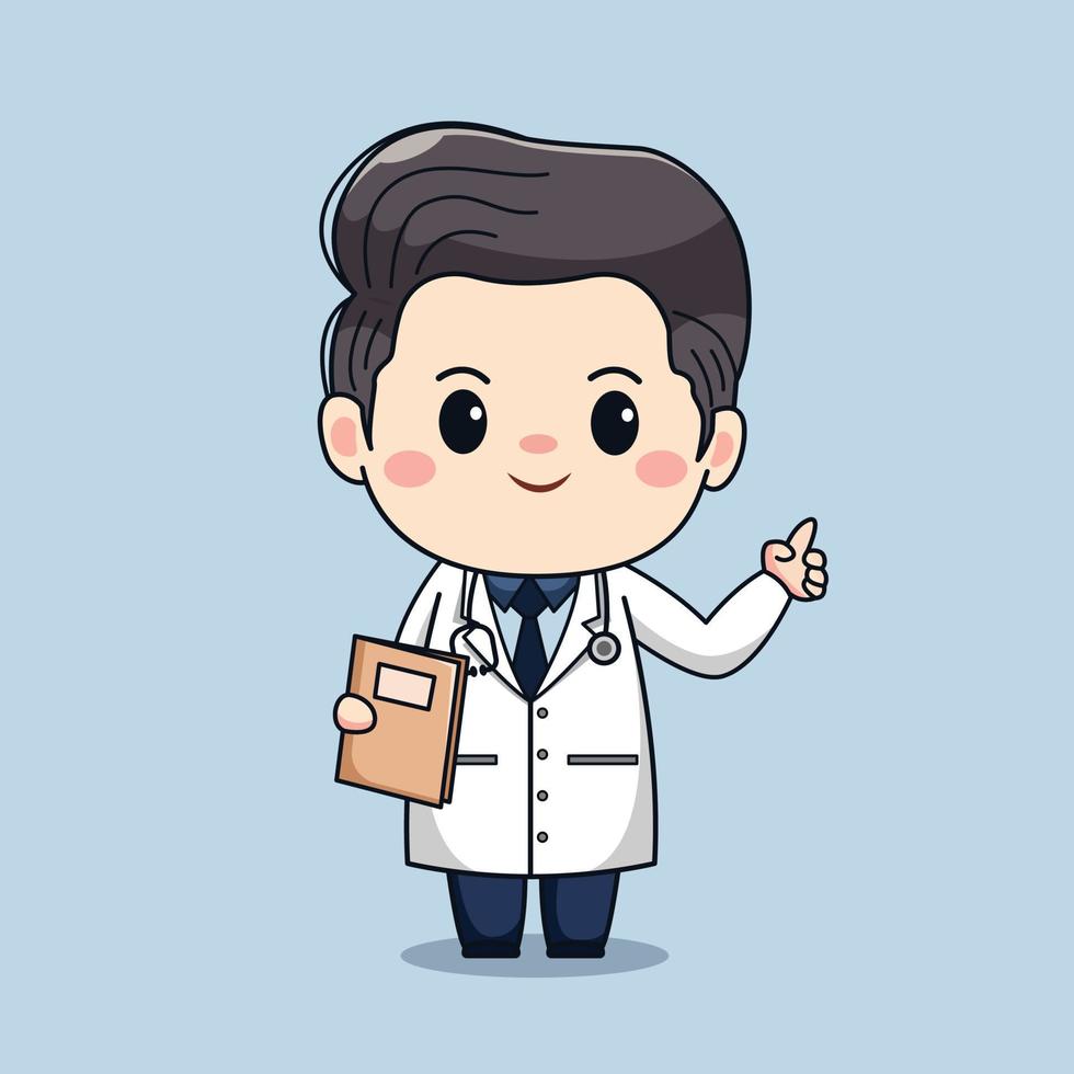 Ilustración de lindo doctor de sexo masculino con diseño de personaje de dibujos animados de vector kawaii de mano señalando