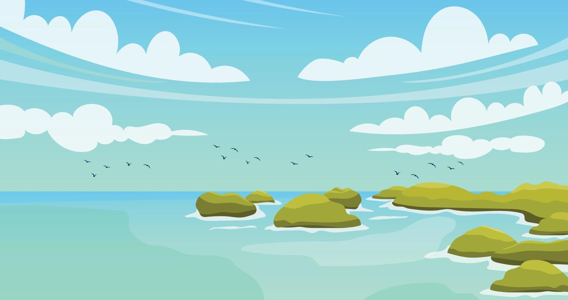 playa de verano con pájaros, corales, cielo azul, nubes y mar claro. hermoso paisaje de fondo. vector