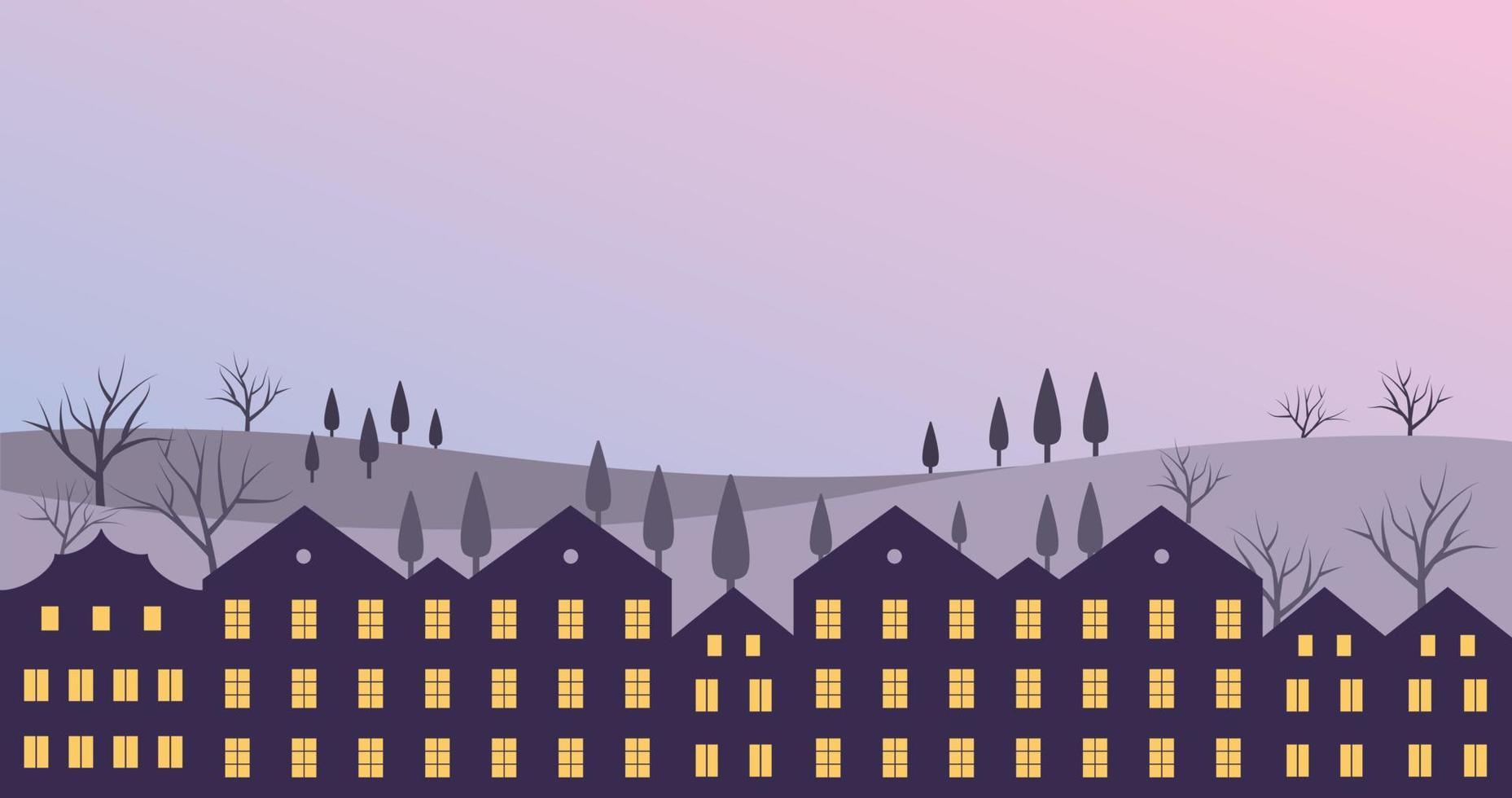 Vector illustration of buildings, valleys and trees at night. Beautiful scenery.