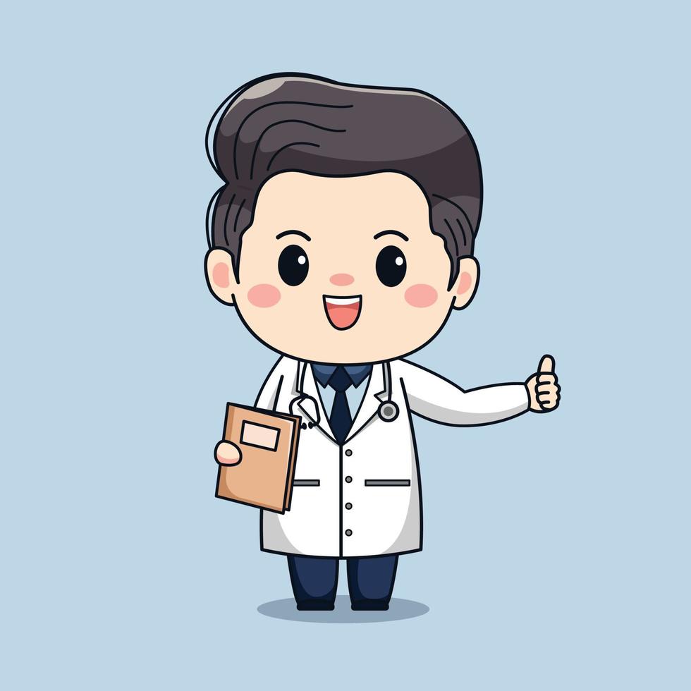 Ilustración de lindo doctor de sexo masculino con el pulgar hacia arriba diseño de personaje de dibujos animados de vector kawaii