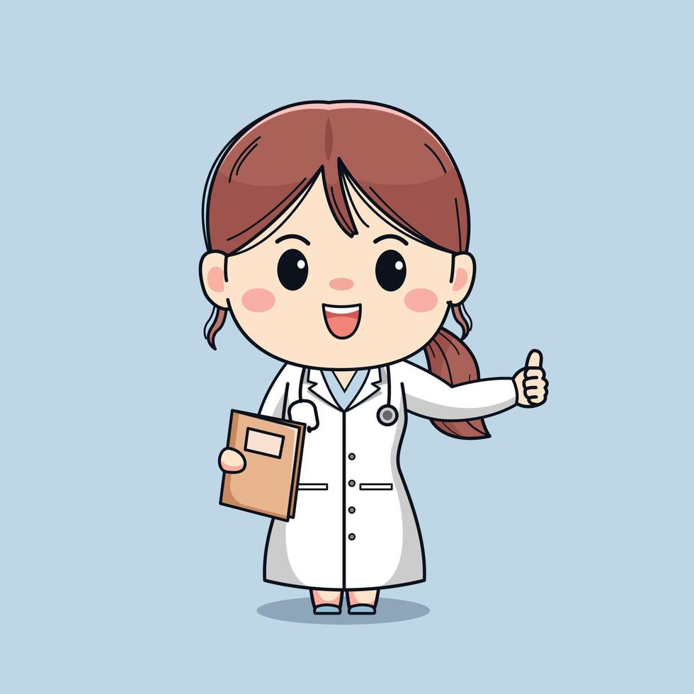 Illustration of beautiful female doctor with thumb up. Cute kawaii character design. vector