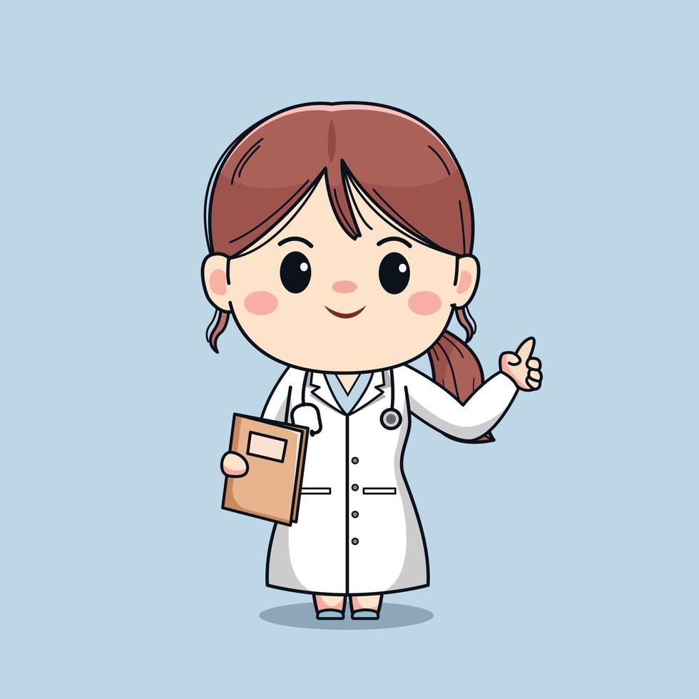Illustration of beautiful female doctor with pointing finger. Cute kawaii character design. vector