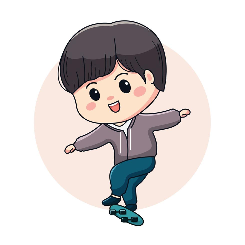 Illustration of a cute boy with a skateboard. Kawaii chibi character design. vector