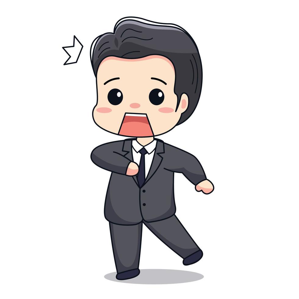 Ilustración de un hombre de negocios con expresión de sorpresa y traje formal lindo diseño de personajes chibi kawaii vector