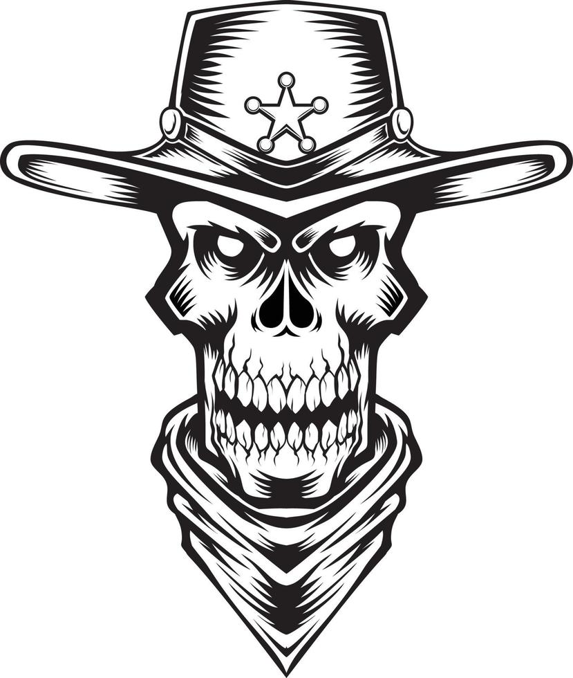 Gráfico de vector de ilustración de vaquero de cráneo aterrador perfecto para diseño de tatuaje de camiseta