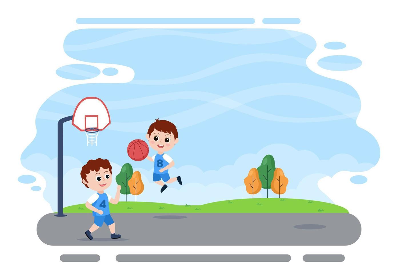 Dibujos animados de niños felices jugando baloncesto ilustración de diseño plano vistiendo uniforme de canasta en cancha al aire libre para fondo, póster o pancarta vector