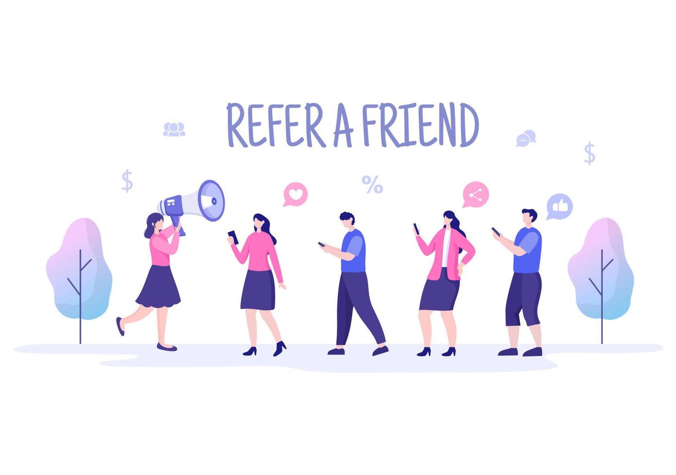 Refer a Friend Flat Design Illustration with Megaphone on Screen Mobile Phone and Social Media Marketing for Friends via Banner, Background or Poster vector