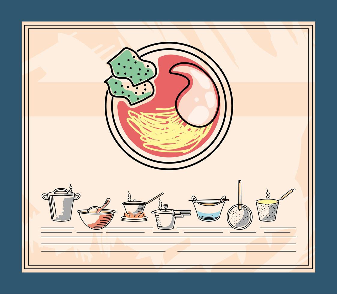 ramen and kitchen pots vector