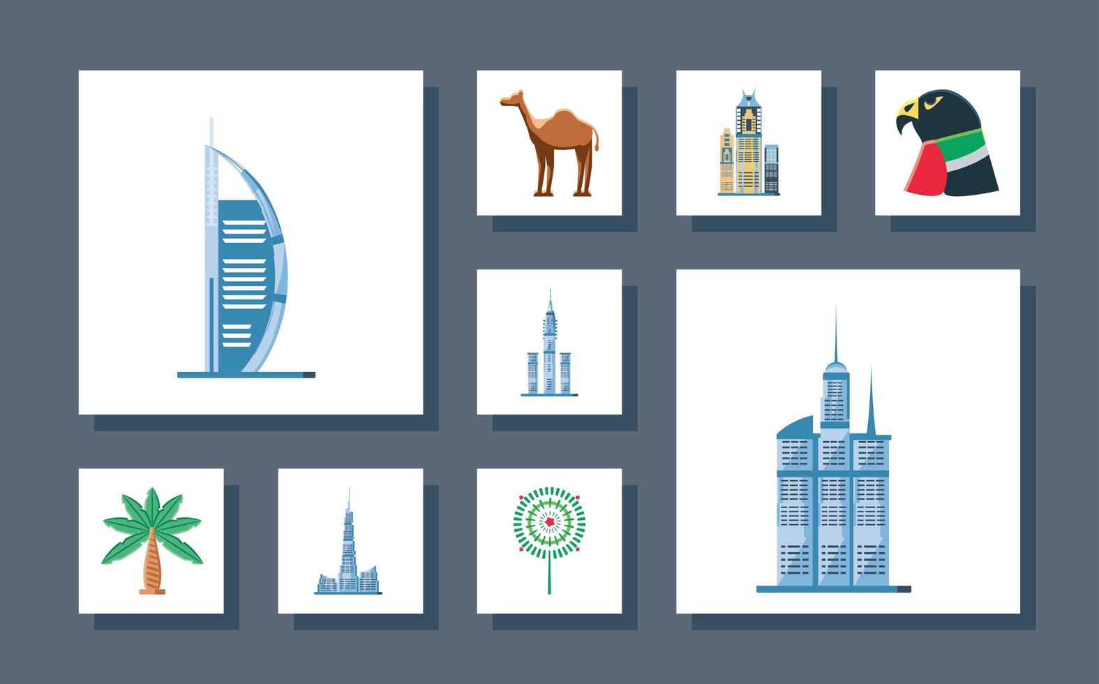 UAE landmarks famous, icons vector