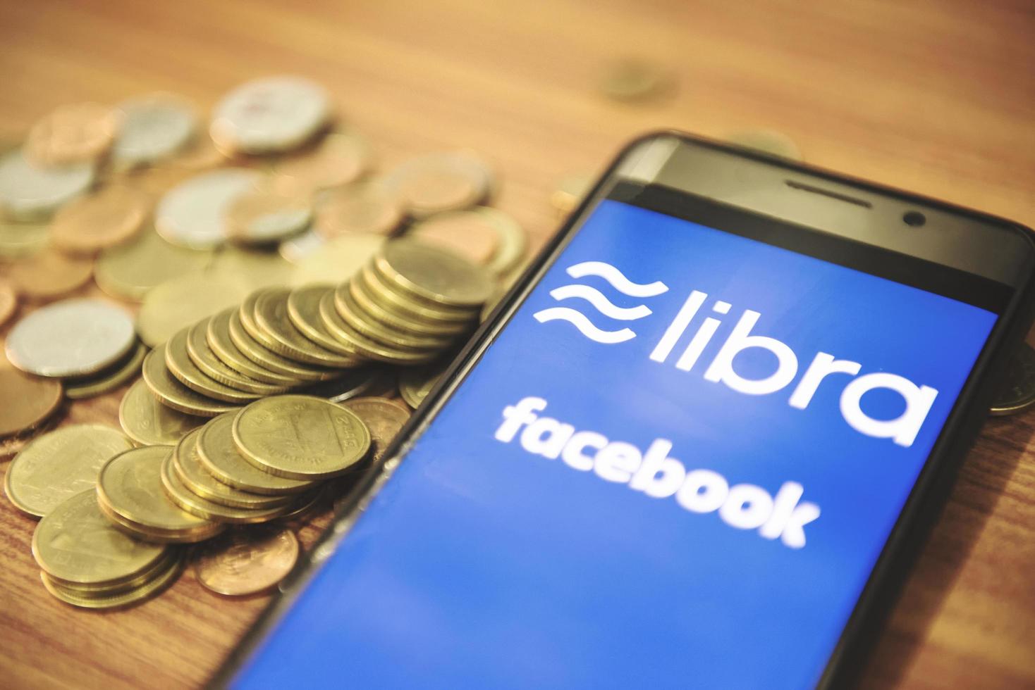 Libra coin blockchain concept New project libra a cryptocurrency launched by Facebook looks to mainstream digital currency through apps like , selective focus photo