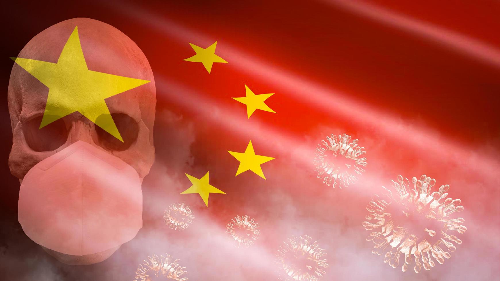 Coronavirus in China pathogen Flu spreading of world, China influenza virus cells - Dangerous chinese corona virus , SARS pandemic risk dangerous on skull with medical mask photo