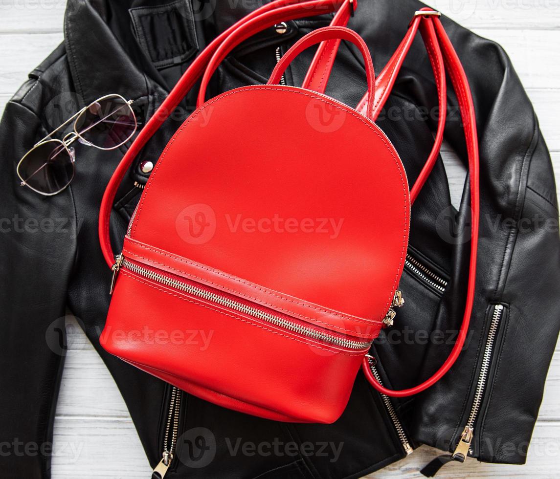 Red leather backpack photo