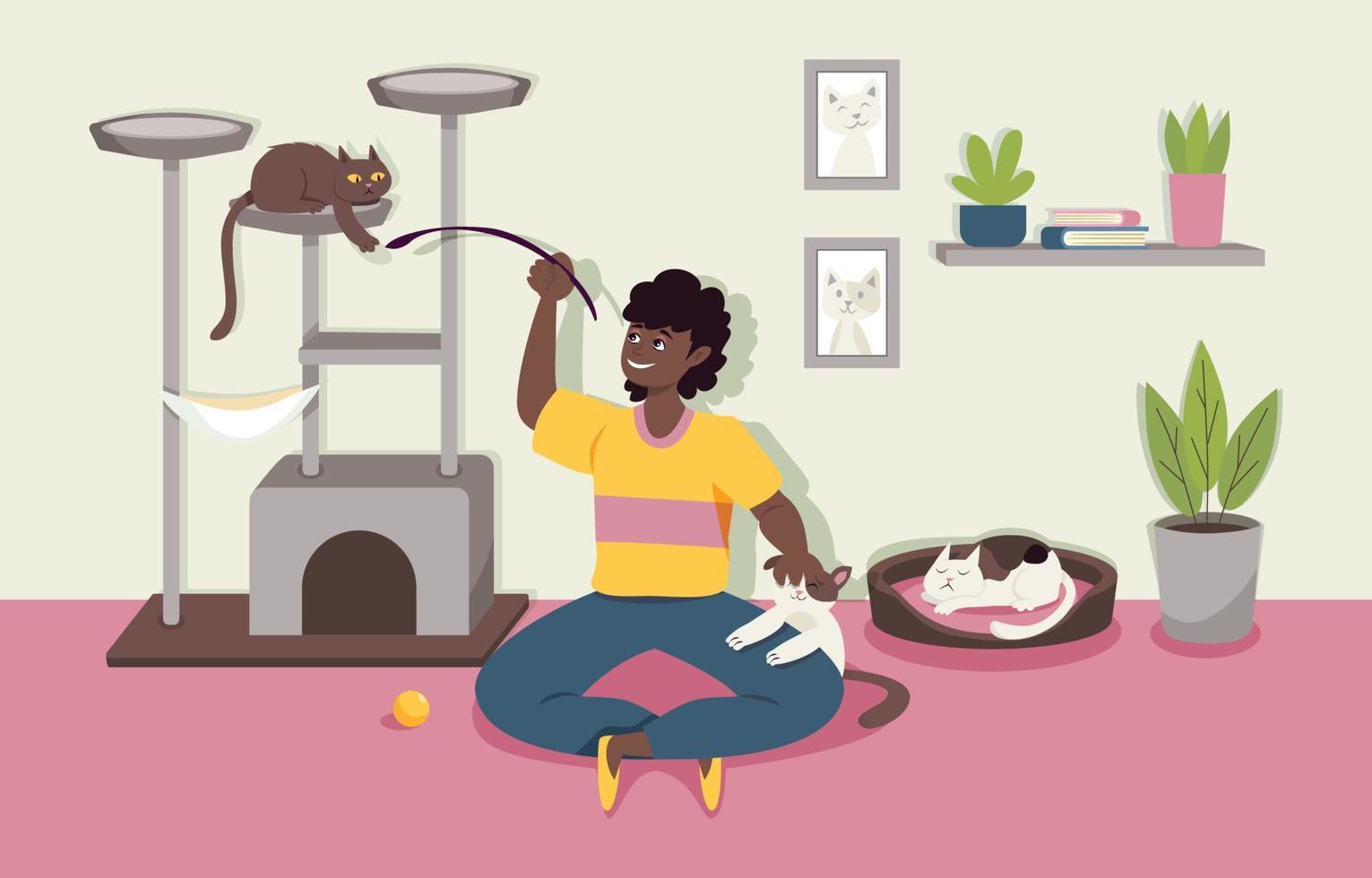 hombre jugando con su gato vector