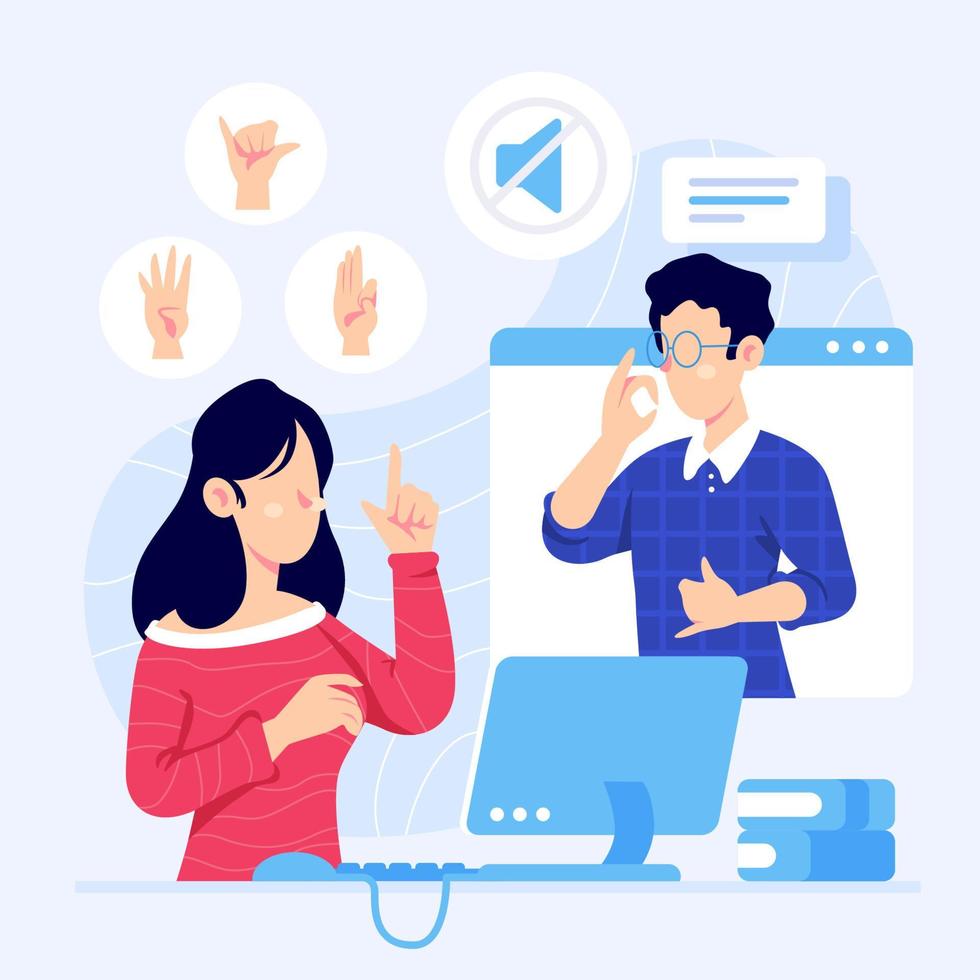 Deaf People Join Virtual Meeting with Sign Language vector