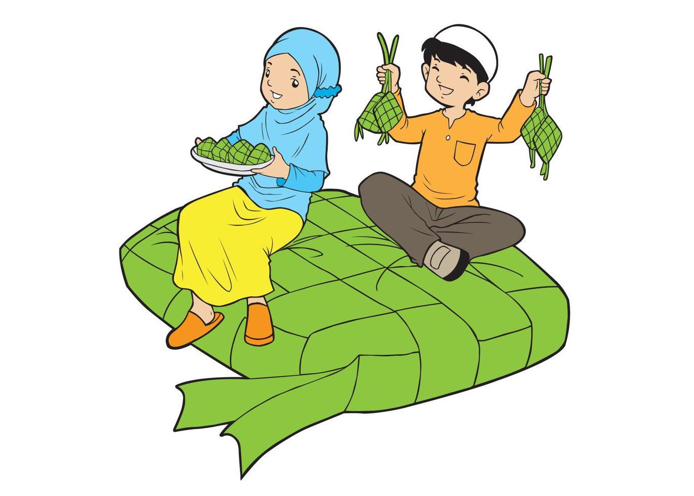 Two muslim little kids holding ketupat vector