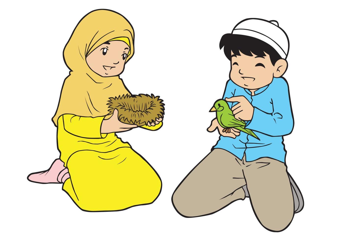 Two muslim little kids playing a bird vector