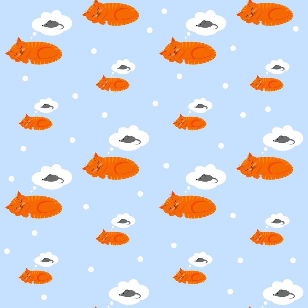 Cute sleeping ginger cat is thinking about a mouse. Flat vector seamless pattern on blue background.