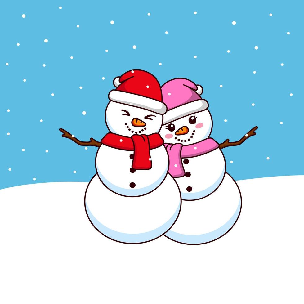 Cute snowman cartoon couple. Vector illustration