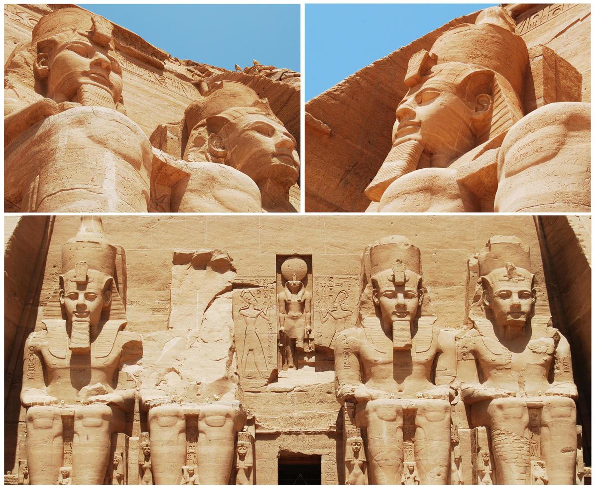 Collage de fotos de la estatua principal del templo de abu simbel. asuán. Egipto