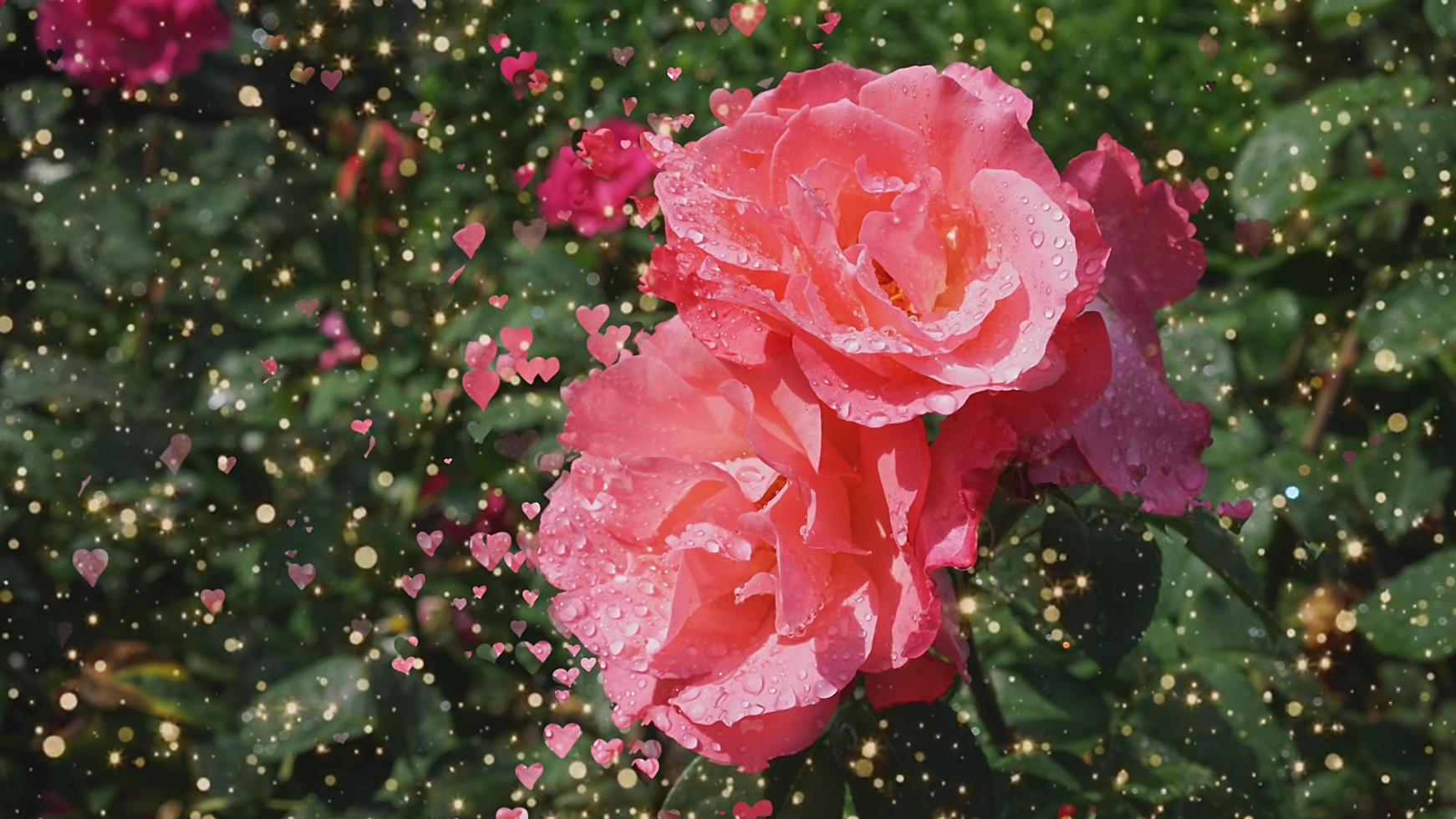 fondo con rosas rosadas y corazones románticos. foto