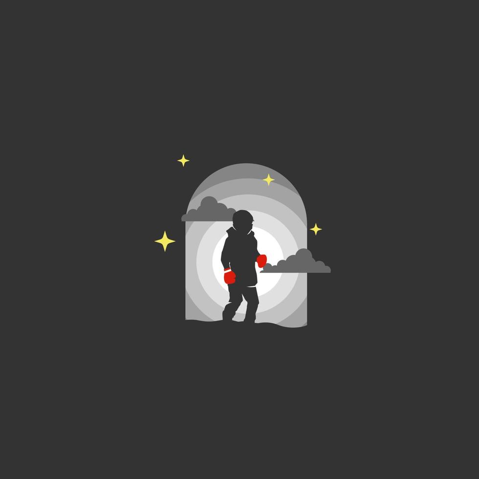 Kid with Red Boxing Gloves in the Night. Silhouette vector