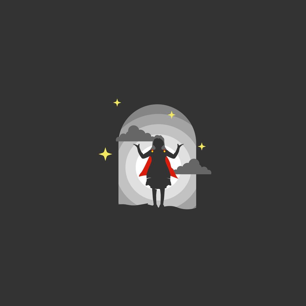 Super Girl with red robe in the Night. Silhouette vector