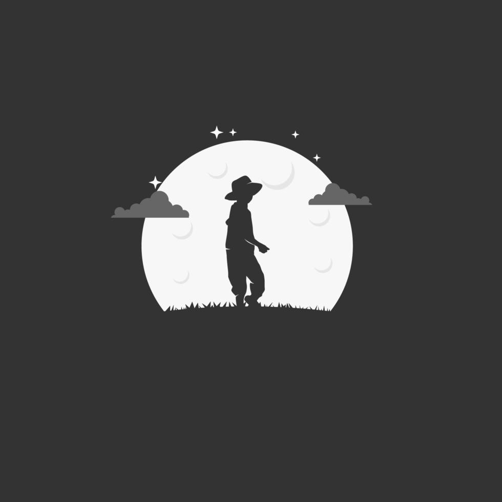 Boy with hat looked back. Silhouette vector