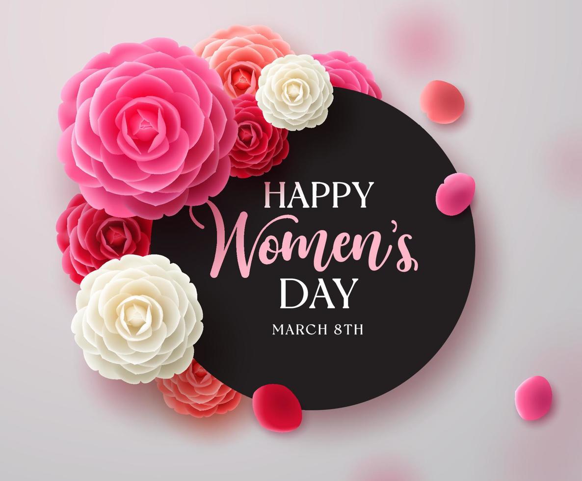 Happy women's day vector template design. March 8 women's day greeting in black empty space for text with camellia flower elements for international woman's celebration. Vector illustration.