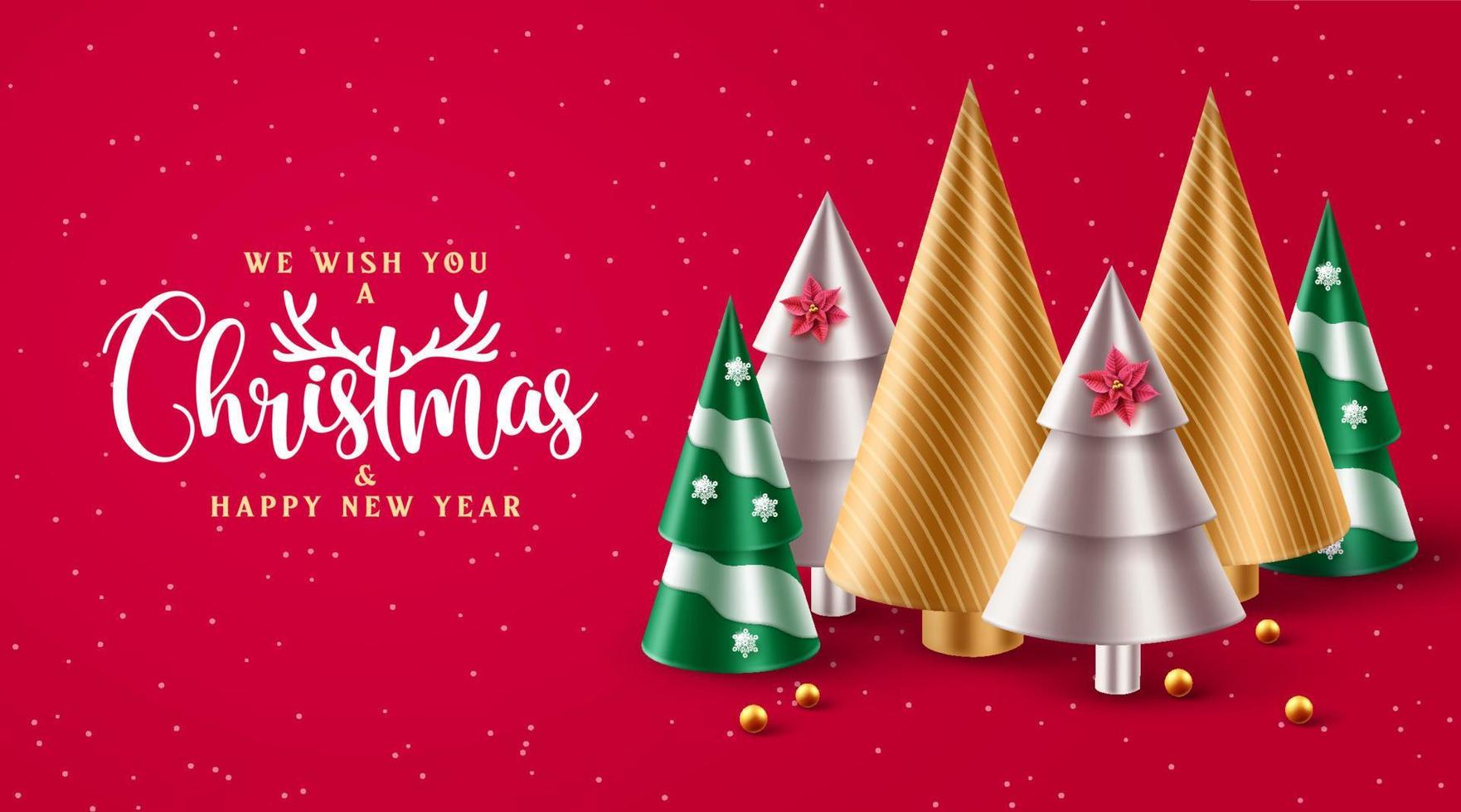 diseño de fondo de vector de feliz navidad. texto de saludo de Navidad y feliz año nuevo con árbol de Navidad, copos de nieve y elementos de cono dorado.