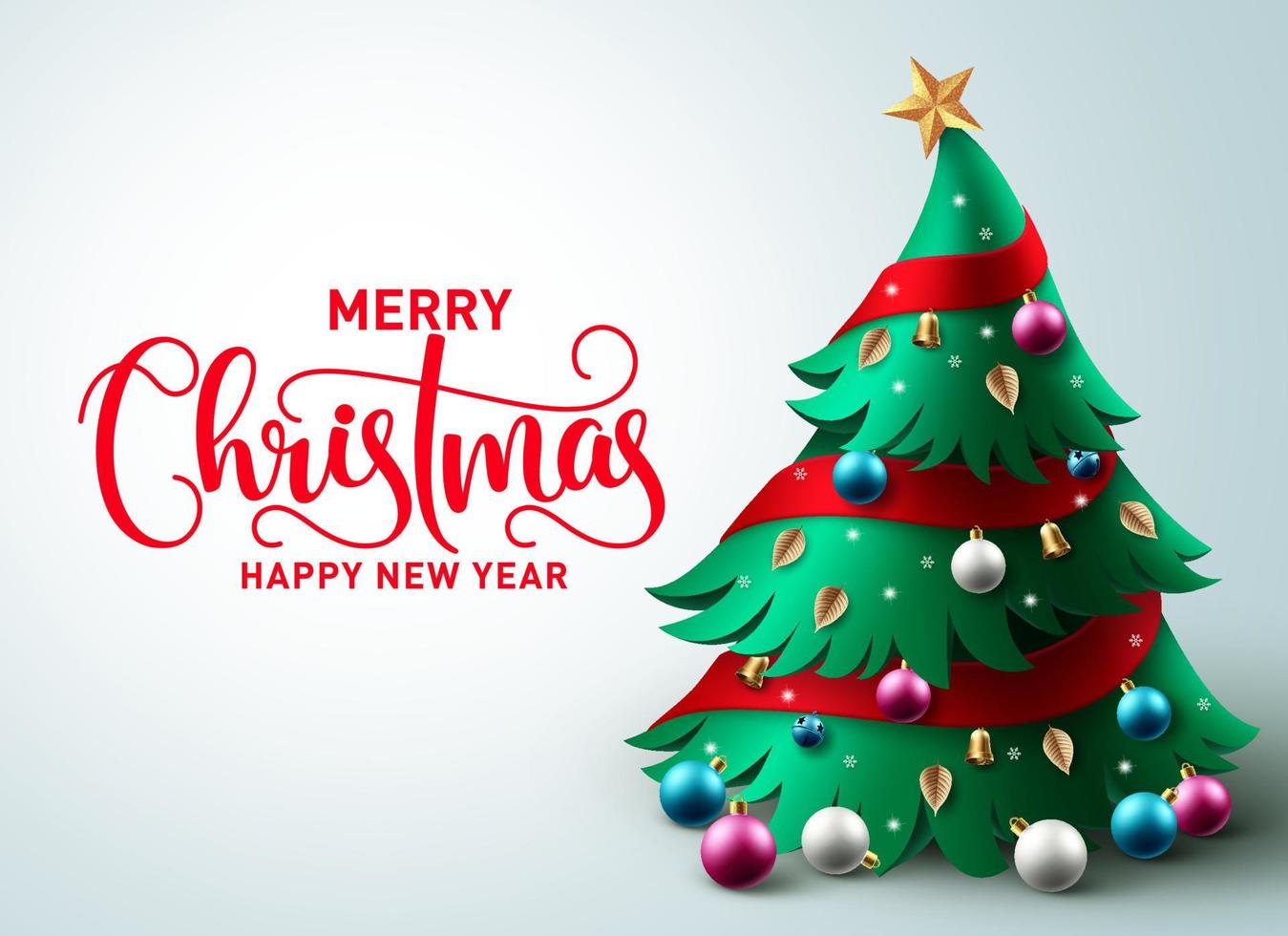 Christmas tree vector background design. Merry christmas greeting text in empty space with pine tree element and colorful ornaments for holiday season card decoration. Vector illustration.
