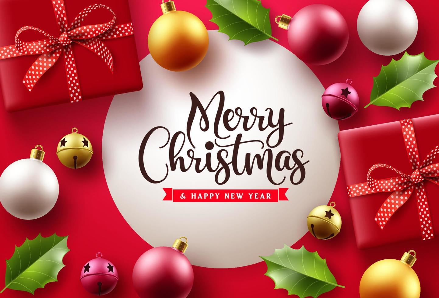 Merry christmas vector template design. Christmas greeting in white frame space for text with ornaments and xmas elements for holiday season card decoration. Vector illustration.