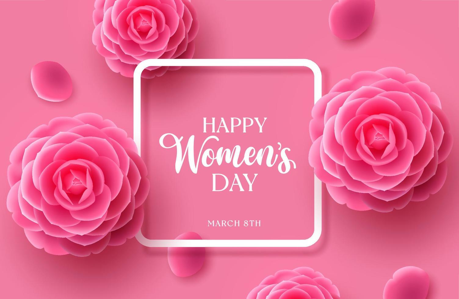 Happy women's day vector template design. March 8 women's day greeting in empty space for text with camellia flower elements for international woman's celebration. Vector illustration.