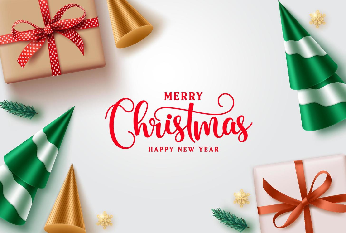 Merry christmas vector background design. Christmas greeting text with ornaments like gift box, cone and xmas tree elements for holiday season card decoration. Vector illustration.