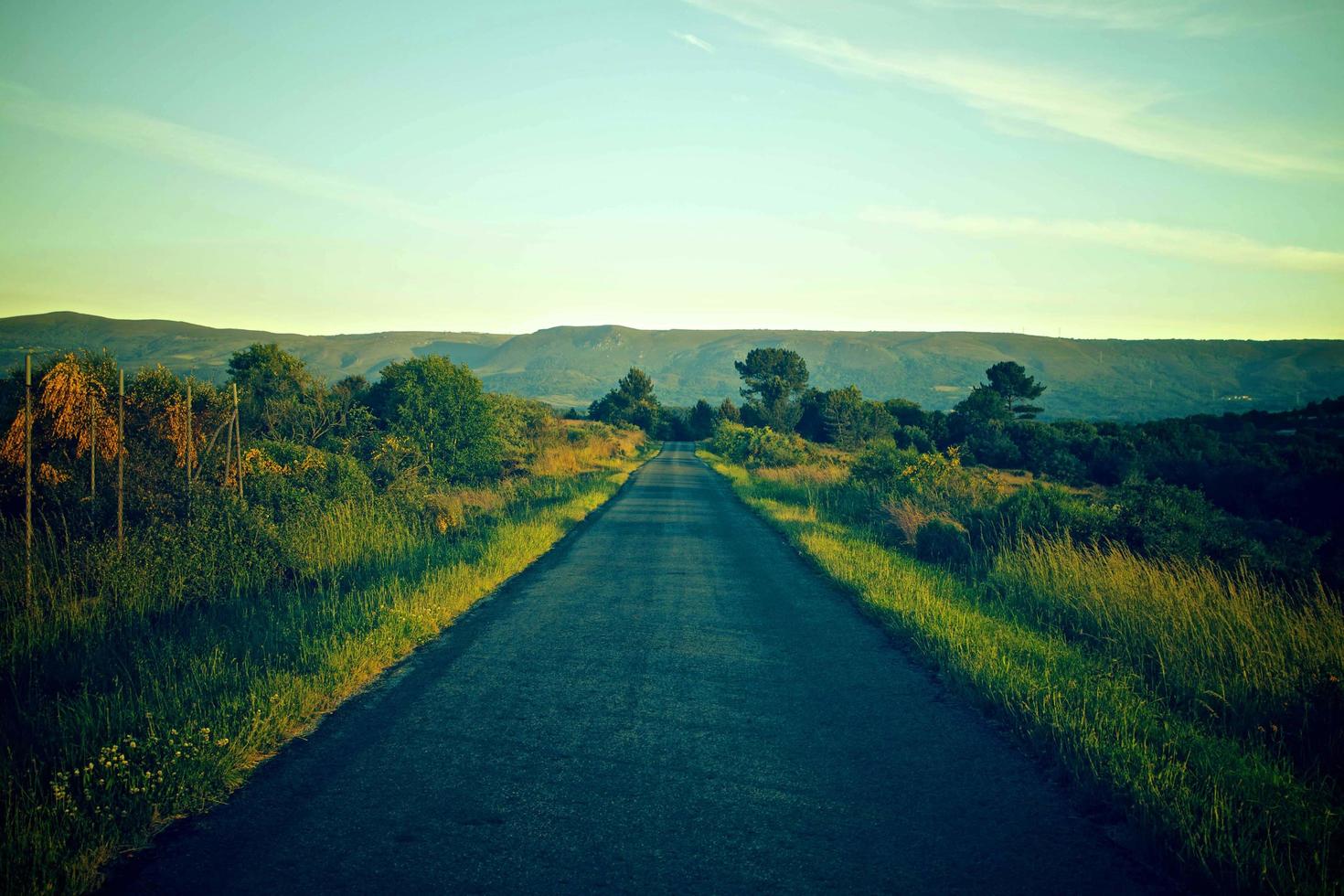 green in the road track beautiful Road turning in the hills and Mountain road grassland road in the evening in. photo