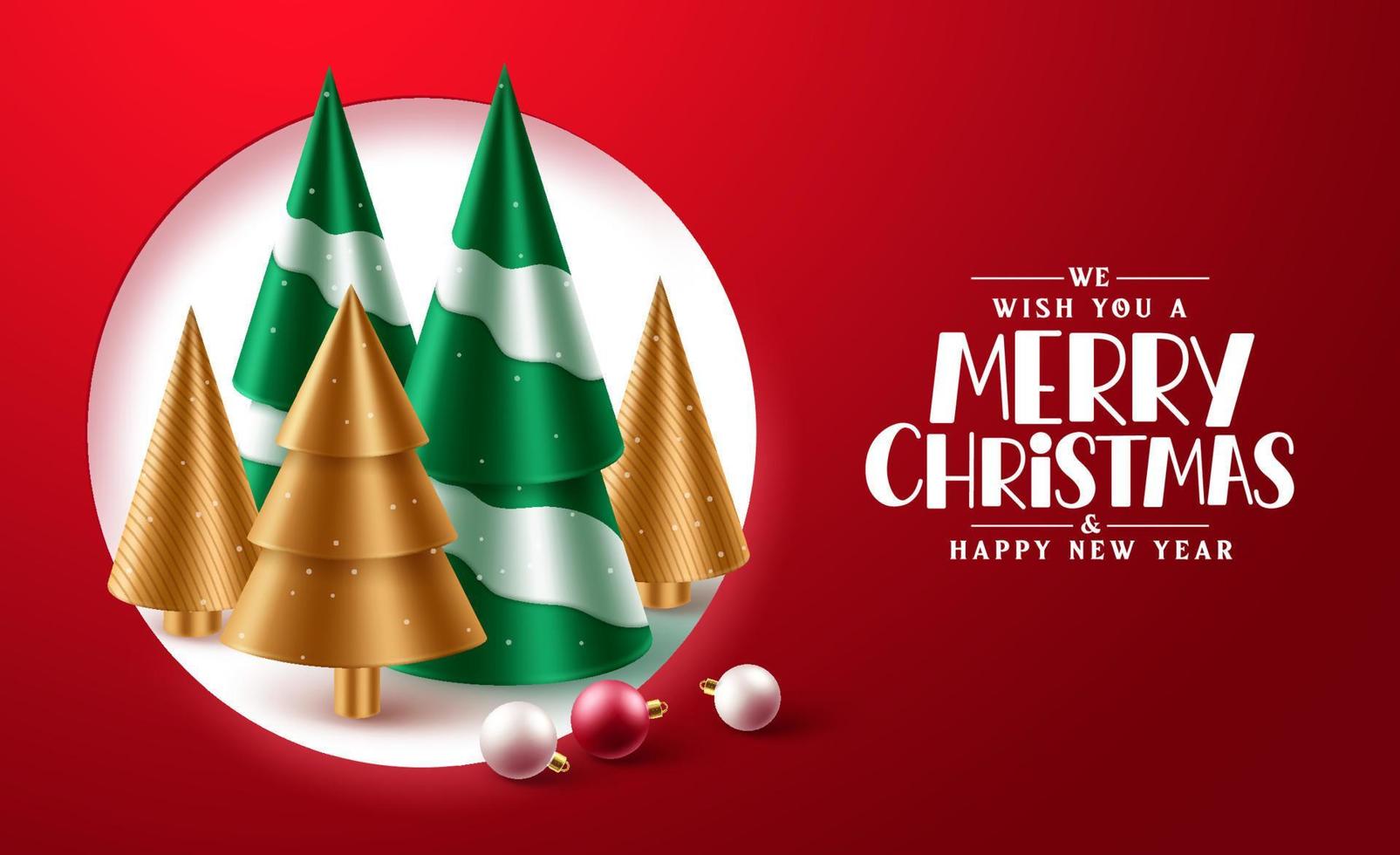 Merry christmas greeting text vector design. Christmas elements like xmas tree, gold cone and balls elements with falling snowflakes in red background.
