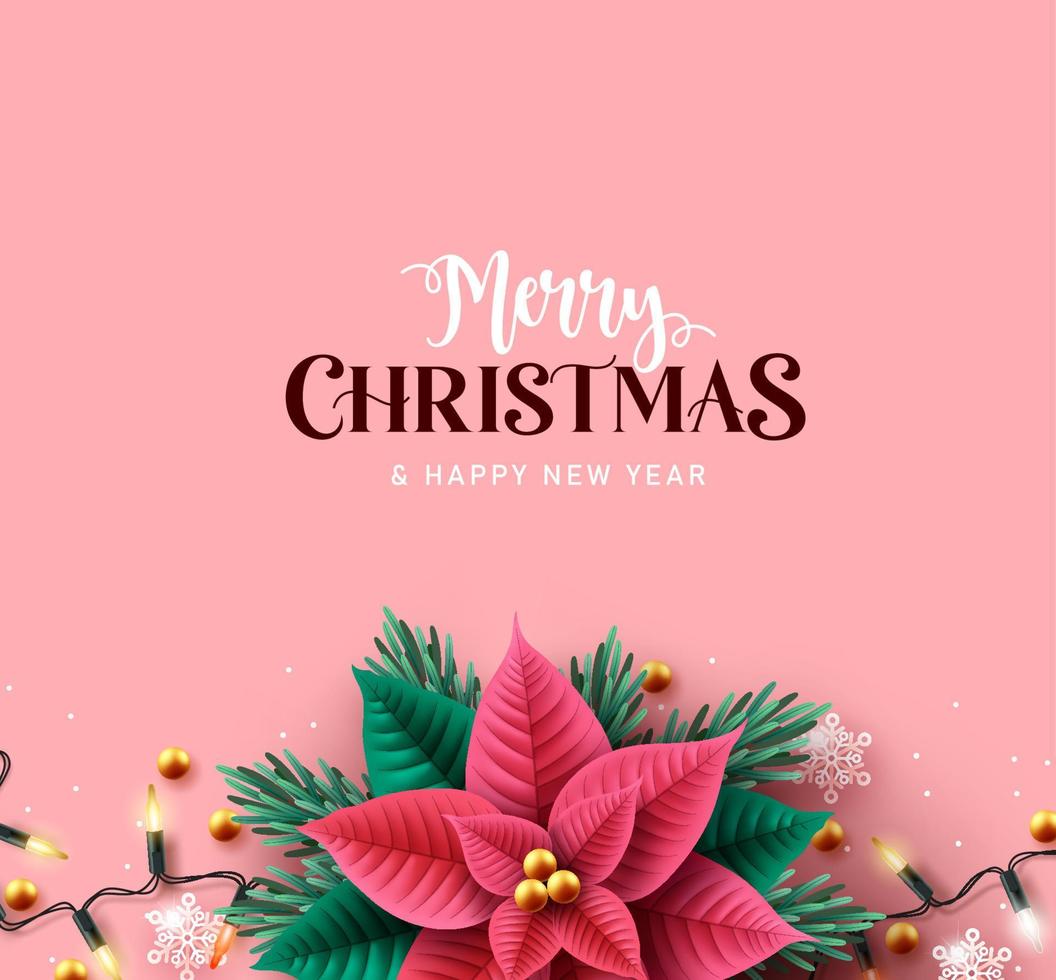 diseño de fondo de vector de feliz navidad. texto de felicitación navideña con luces navideñas y elementos de poinsettia en un elegante espacio vacío rosa para la decoración de la tarjeta de la temporada navideña. ilustración vectorial.