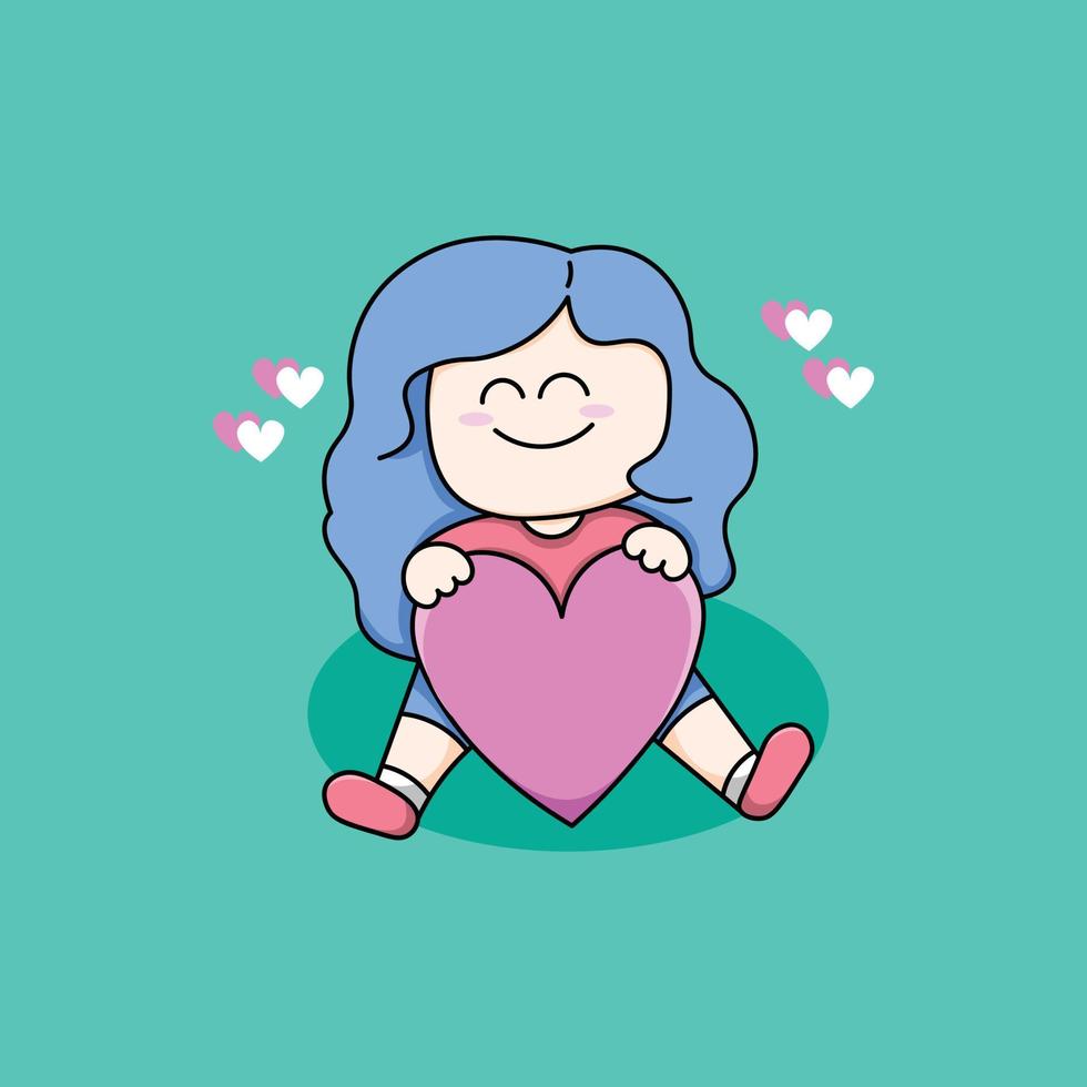 linda ilustración de personaje de niña de niños con corazón de amor vector