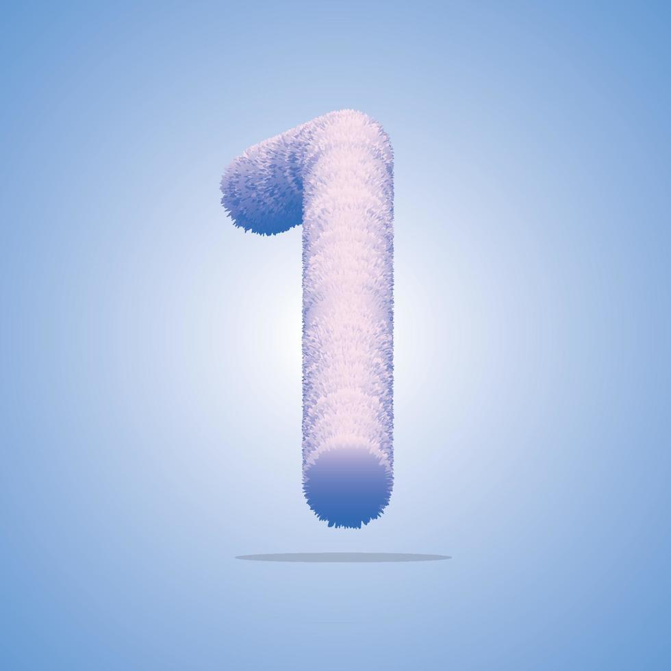 Ilustración 3d del número, fuente numérica 1 hecha de real con una preciosa forma peluda de letra, celebración de saludo con fuente 3d uno y número de diseño vectorial vector
