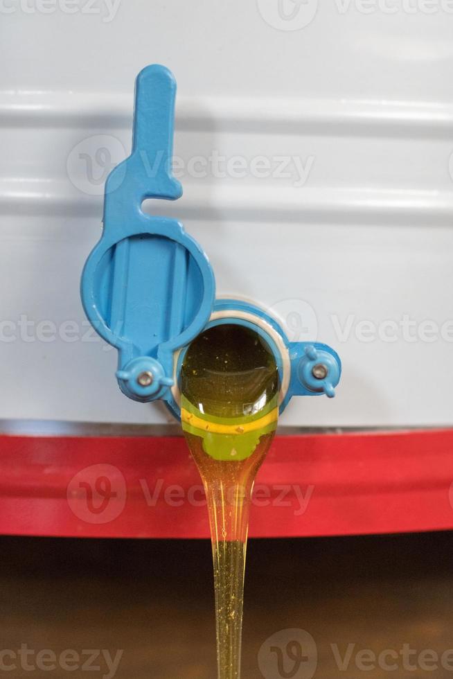 Drop of bee honey drip from hexagonal honeycombs photo